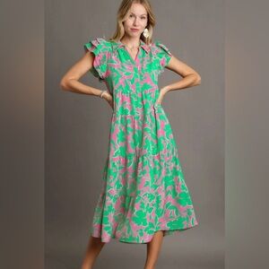 Umgee Floral Collared Ruffle Cap Sleeve Midi Dress Pink Green XL Vacation Beachy